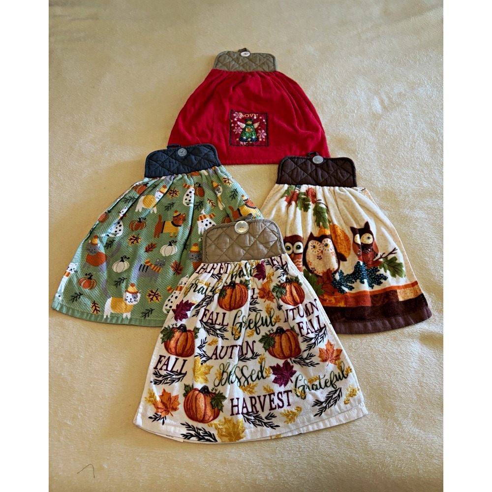 Lot of 4 Fall Harvest Hanging Kitchen Hand Towels 100% Cotton Double Dishcloth